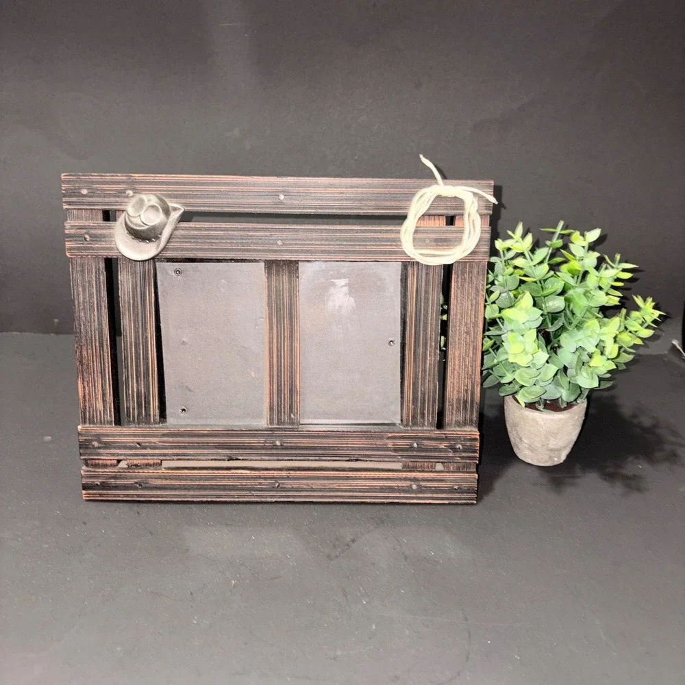 Rustic Western Cowboy Hat & Rope Wood Picket Fence Photo Frame 2 3.5x4.5